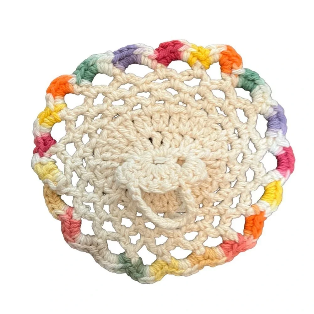 Vintage Hand Crochet Pot Dish Cloth Rainbow Hook for Hanging 5.5”
